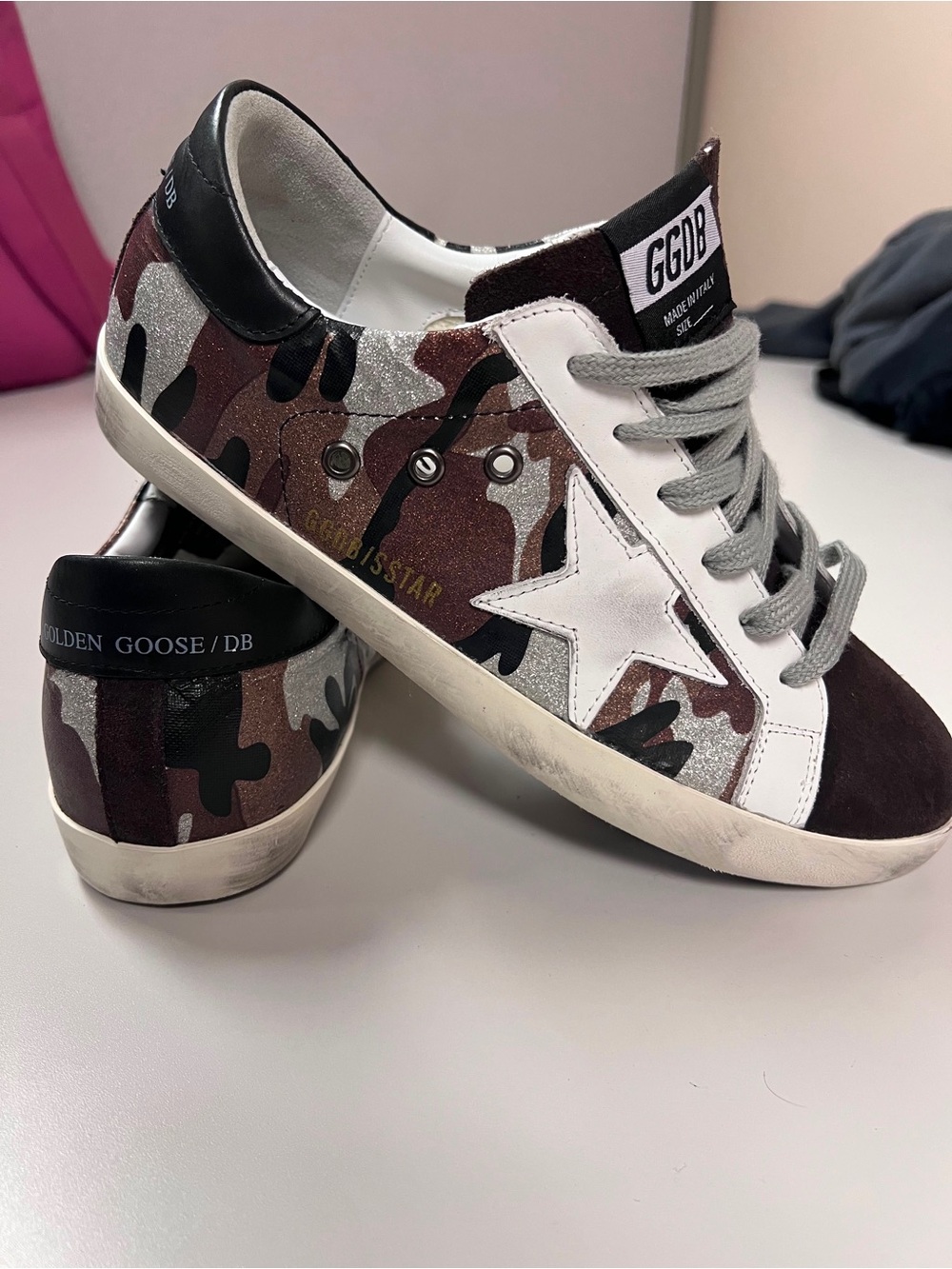 Golden Goose Kids Camo Superstar Sneakers in Brown, White & Silver